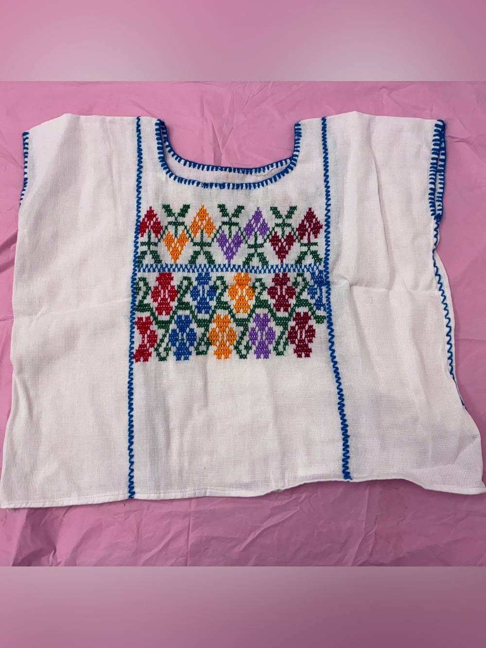 Hand-Embroidered White Cotton Women's Top with Multicolor Floral Motif Sz S/M